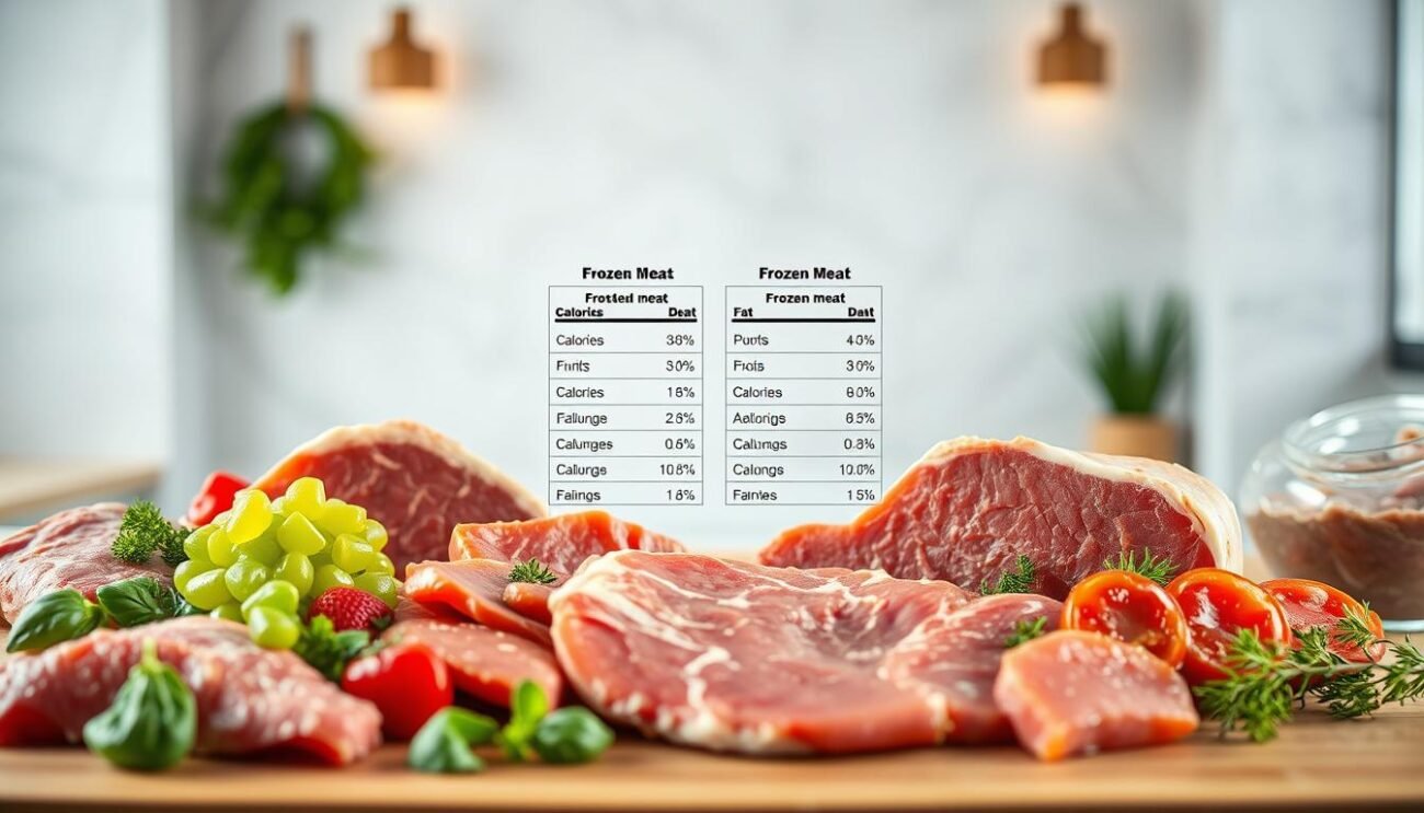 A vibrant, high-resolution image depicting the nutritional comparison between fresh and frozen meat. In the foreground, arrange a carefully curated selection of fresh and frozen meat cuts, showcasing their distinct visual characteristics. In the middle ground, present side-by-side nutritional information panels, highlighting the key differences in calories, protein, fat, and other vital nutrients. The background should feature a clean, minimal Italian-inspired setting, with subtle hints of warm, natural lighting to convey a sense of quality and authenticity. Utilize a crisp, detailed lens to capture the textural and visual nuances of the meat samples and data visualizations.