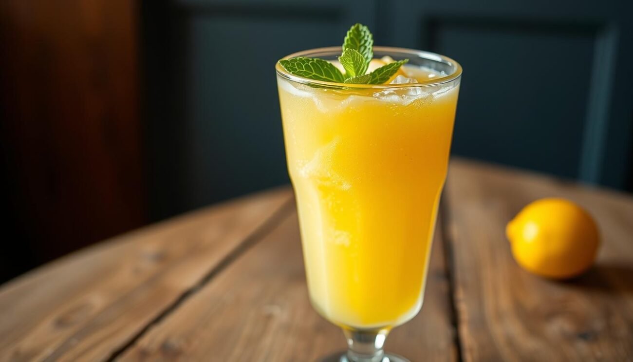 A vibrant lemon sorbetto in a tall glass, its golden hue glistening under warm, soft lighting. The sorbetto's velvety smooth texture is complemented by tiny, glistening slivers of lemon zest decorating the surface. A single mint leaf adds a refreshing contrast, its delicate green hues dancing in the light. The glass sits atop a rustic, wooden table, surrounded by a minimal, modern setting that evokes an Italian cafe ambiance. The overall scene captures the essence of a delightful, customizable sorbetto cocktail - a perfect accompaniment to the "Varianti e Personalizzazioni" section of the article.