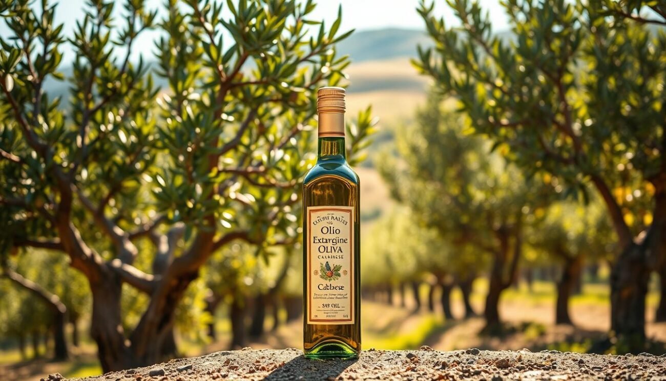 A vibrant, lush olive grove nestled in the rolling hills of Calabria, Italy. Sunlight dapples the gnarled trunks and glossy, emerald leaves, casting a warm, golden glow. In the foreground, a single bottle of "Olio Extravergine Oliva Calabrese" stands proudly, its glass reflecting the verdant surroundings. The bottle's label showcases the region's heritage, with traditional Calabrian motifs and typography. The composition evokes a sense of rustic elegance, celebrating the rich history and terroir of this revered olive oil. Crisp, high-resolution details bring the scene to life, inviting the viewer to imagine the depth of flavor and aroma within.