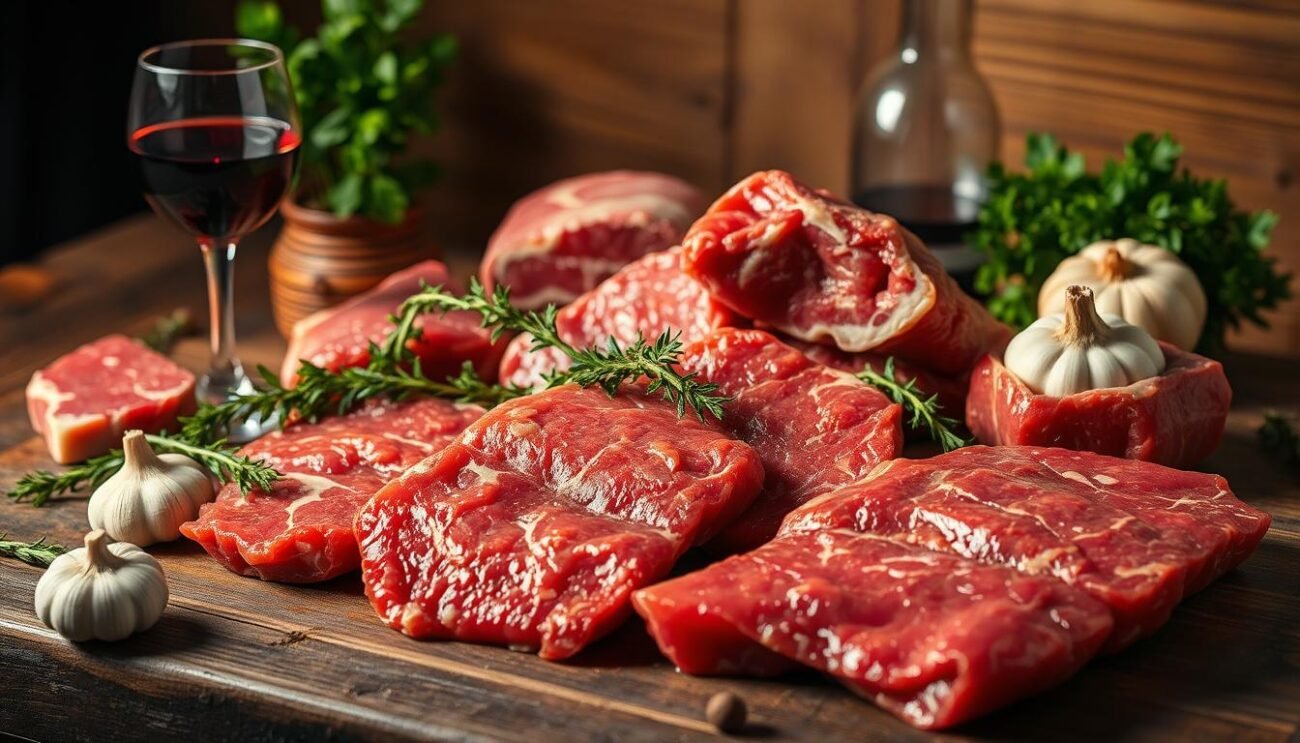 A vibrant, rustic still life featuring fresh, red meat cuts on a wooden table. The meat, glistening with natural juices, is arranged in an appetizing display, accompanied by aromatic herbs, garlic, and a glass of robust red wine. Warm, directional lighting illuminates the scene, casting subtle shadows and enhancing the texture and depth of the ingredients. The overall atmosphere evokes the tradition of Italian cuisine and the comfort of a homemade meal. The image should inspire viewers to consider healthier, less processed meat alternatives that capture the essence of authentic, Mediterranean-style cooking. A vibrant, rustic still life featuring fresh, red meat cuts on a wooden table. The meat, glistening with natural juices, is arranged in an appetizing display, accompanied by aromatic herbs, garlic, and a glass of robust red wine. Warm, directional lighting illuminates the scene, casting subtle shadows and enhancing the texture and depth of the ingredients. The overall atmosphere evokes the tradition of Italian cuisine and the comfort of a homemade meal. The image should inspire viewers to consider healthier, less processed meat alternatives that capture the essence of authentic, Mediterranean-style cooking.