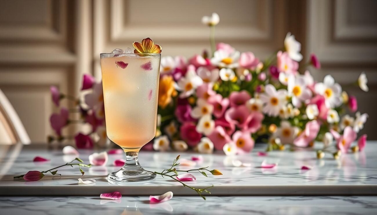 A vibrant, spring-inspired cocktail with Strega liqueur and edible flowers, captured in a refined, elegant setting. In the foreground, a glass of the pastel-hued "Cocktail Pasquale" rests on a sleek, marble surface, adorned with delicate petals and greenery. The middle ground features a lush arrangement of blooming flowers, their colors and textures complementing the drink. The background is softly lit, creating a warm, inviting atmosphere that evokes the essence of an Italian Easter celebration. The overall composition is balanced, highlighting the harmonious fusion of tradition and innovation within this unique cocktail creation.
