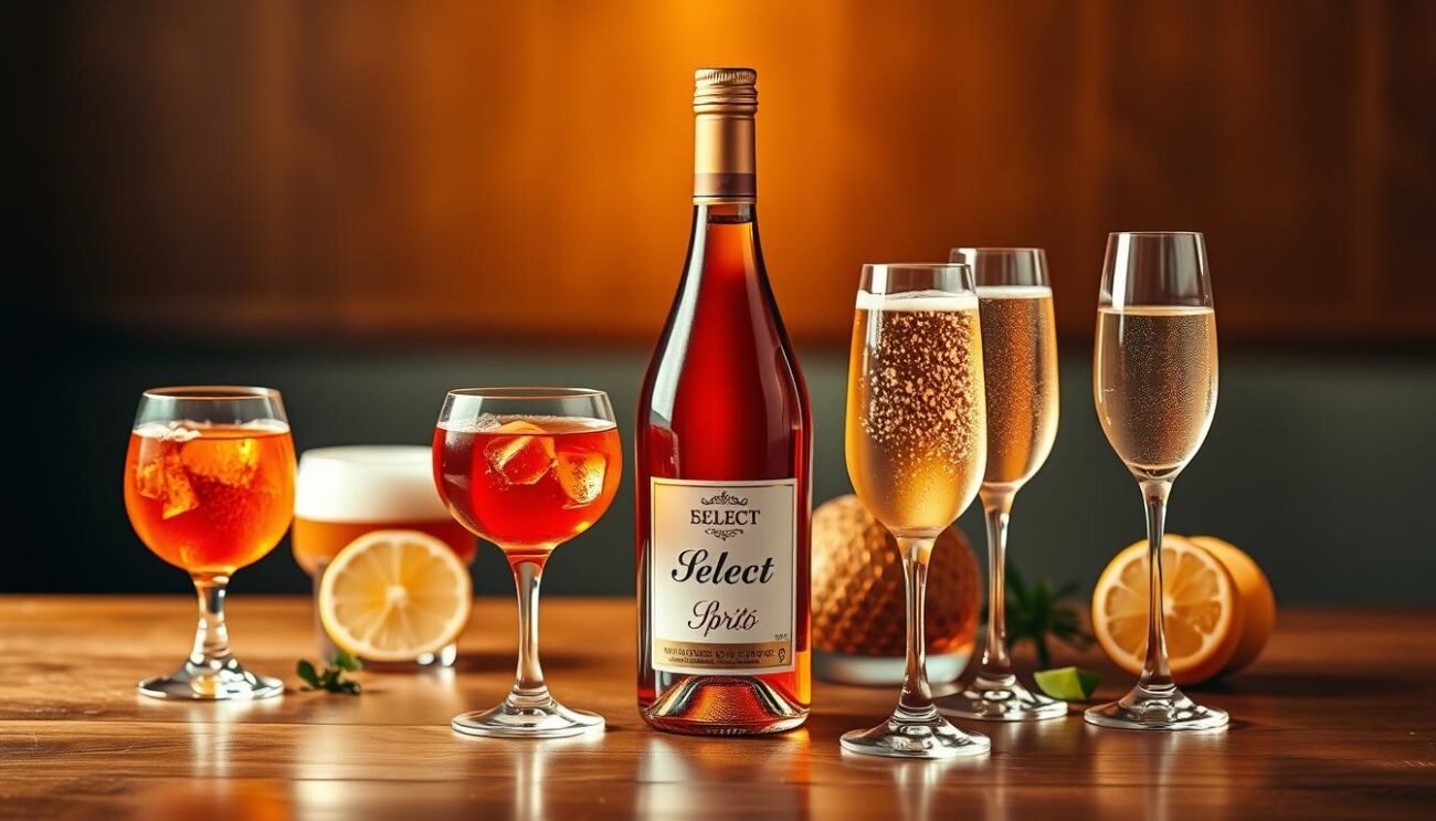 A vibrant still life arrangement depicting an array of iconic Italian aperitifs, meticulously displayed on a refined wooden table. In the center, a gleaming bottle of Select Veneziano Dorato stands proudly, surrounded by its counterparts - a sparkling glass of Aperol Spritz, a frothy Negroni, and a chilled flute of Prosecco. The soft, warm lighting casts a golden glow, highlighting the intricate details of each drink - the vibrant orange hue of the Aperol, the jewel-like clarity of the Prosecco, and the deep, amber tones of the Select. The scene exudes an air of sophistication and convivial celebration, capturing the essence of the Italian aperitivo culture.