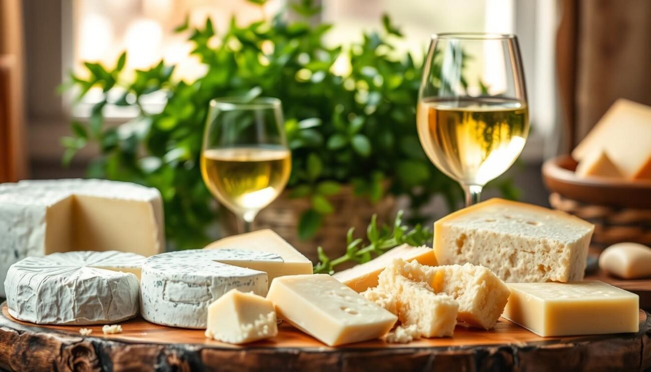 A vibrant still life capturing the diverse cheese varieties and their varying sodium content. In the foreground, a selection of artisanal cheeses - from creamy Brie to crumbly Parmesan - arrayed on a rustic wooden board. The middle ground showcases a glass of crisp white wine, complementing the cheeses. In the background, a lush green plant and warm, soft lighting create a cozy, relaxed atmosphere. The scene conveys the importance of mindfully selecting lower-sodium cheese options for a healthier diet, while still celebrating the rich flavors and textures of this beloved culinary staple.