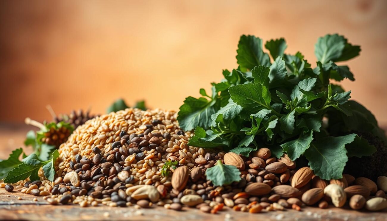 A vibrant still life composition showcasing an array of natural iron-rich plant-based ingredients. In the foreground, a selection of leafy greens, lentils, and whole grains such as quinoa and brown rice are prominently displayed against a warm, earthy backdrop. The middle ground features a scattering of nuts and seeds, including almonds, cashews, and sunflower seeds, all bathed in soft, diffused lighting. In the background, a subtle gradient of rustic textures and warm tones creates a sense of depth and natural harmony. The overall scene conveys a mood of health, vitality, and the nourishing power of plant-based iron sources. A vibrant still life composition showcasing an array of natural iron-rich plant-based ingredients. In the foreground, a selection of leafy greens, lentils, and whole grains such as quinoa and brown rice are prominently displayed against a warm, earthy backdrop. The middle ground features a scattering of nuts and seeds, including almonds, cashews, and sunflower seeds, all bathed in soft, diffused lighting. In the background, a subtle gradient of rustic textures and warm tones creates a sense of depth and natural harmony. The overall scene conveys a mood of health, vitality, and the nourishing power of plant-based iron sources.