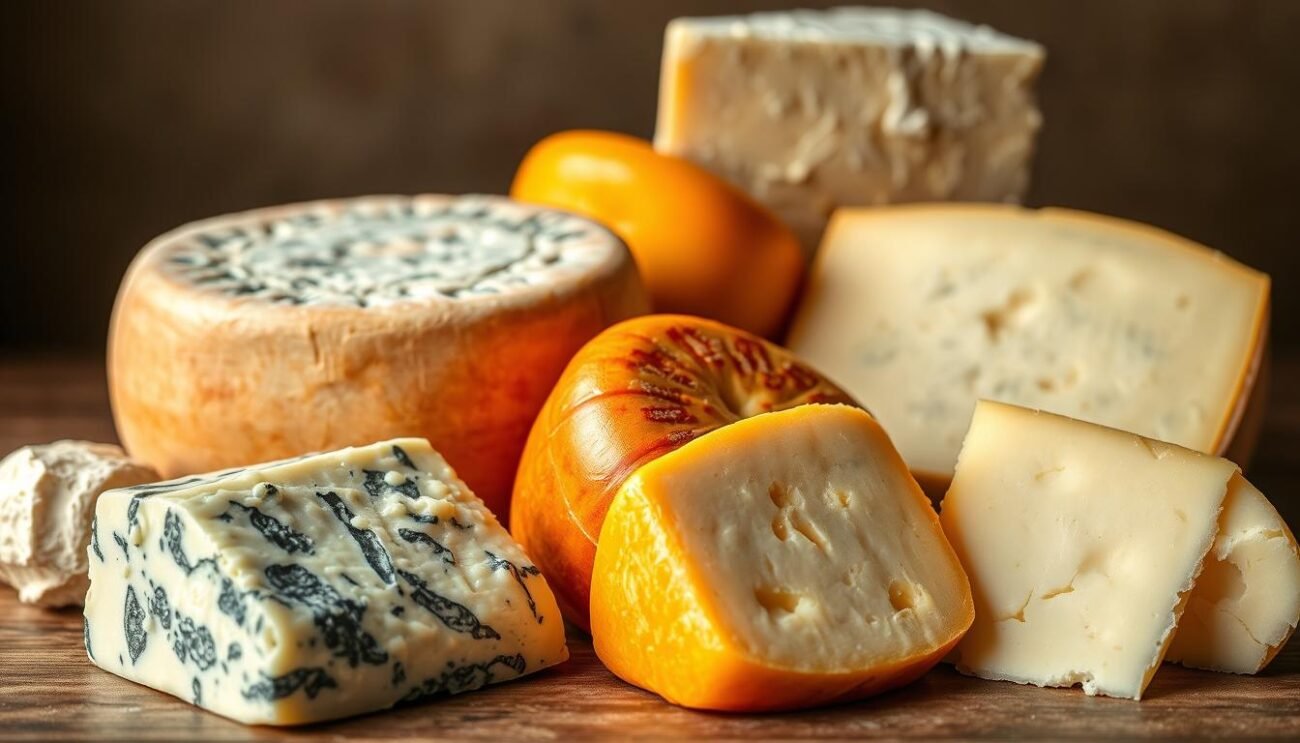A vibrant still life depicting an array of rich, creamy Italian cheeses. In the foreground, a wedge of Gorgonzola, its veins of blue-green mold contrasting with the soft, pale interior. Beside it, a round of Taleggio, its rind a rusty orange, glistening with a layer of natural oils. In the middle ground, a wheel of Fontina, its pale yellow paste dotted with small eyes. In the background, a block of Pecorino Romano, its firm, salty texture complemented by a dusting of aged white mold. Soft, diffused natural lighting casts a warm glow over the entire scene, highlighting the varied textures and nuanced hues of these indulgent, high-fat Italian cheeses.