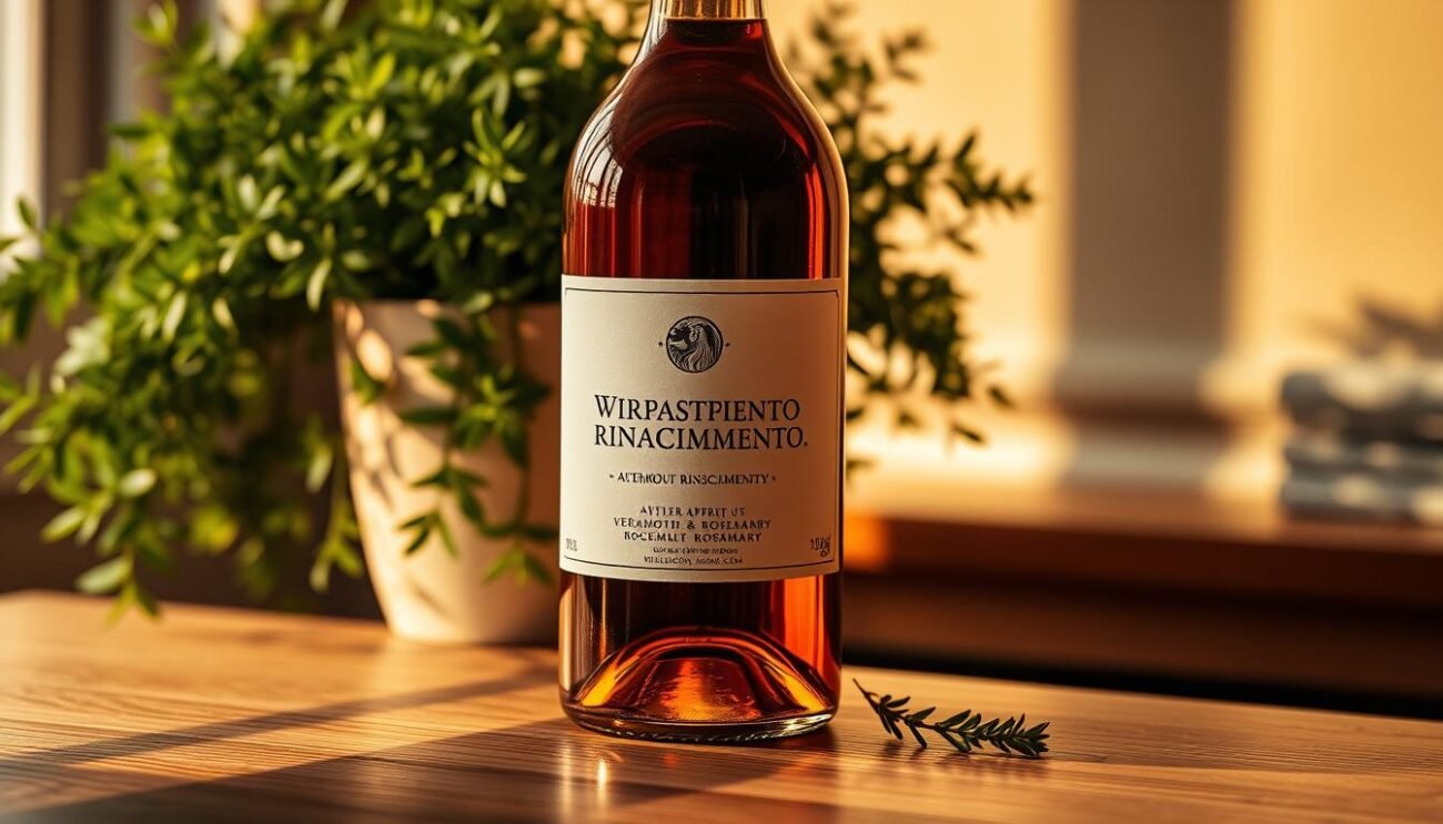 A vibrant still life of a bottle of Vermouth Rinascimento, an aperitif made with vermouth, bergamot, and rosemary. The bottle sits on a wooden table, cast in warm, golden light. The label features elegant typographic design and a minimalist illustration. In the background, a lush, verdant potted plant adds a touch of nature. Soft shadows and reflections on the bottle's surface create a sense of depth and dimensionality. The overall composition is balanced, with the bottle positioned off-center, inviting the viewer to engage with the scene. The mood is one of refined sophistication, capturing the artistry and craftsmanship of this unique vermouth.