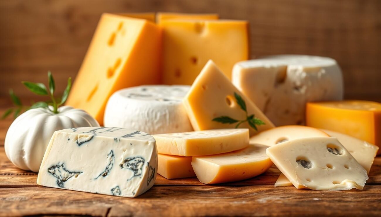 A vibrant still life of a selection of authentic Italian cheeses, artfully arranged on a rustic wooden table. The formaggi are illuminated by warm, soft lighting, highlighting their rich textures and tantalizing colors - from the creamy white of the fresh mozzarella to the golden-orange rind of the aged Parmigiano-Reggiano. In the foreground, a wedge of Gorgonzola with its distinctive blue-green veins stands out, while in the middle ground, slices of Pecorino Romano and Asiago add depth and variety. The background features a simple, minimalist backdrop, allowing the cheeses to take center stage and showcase their inherent nutritional value and culinary significance.