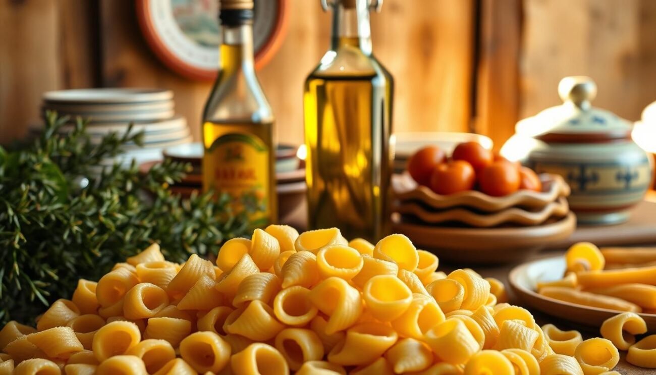 A vibrant still life of the culinary treasures of Puglia, Italy. In the foreground, a bountiful display of fresh orecchiette pasta, handcrafted from durum wheat and formed into delicate ear-shaped shells. The middle ground features a glistening bottle of rich, golden extra virgin olive oil, a cornerstone of Puglian gastronomy. The background reveals a rustic wooden table, adorned with traditional ceramic plates and bowls, capturing the essence of Puglia's timeless culinary traditions. Warm, natural lighting casts a soft glow, evoking a sense of homespun elegance. The overall scene celebrates the region's renowned gastronomic riches and time-honored culinary heritage. A vibrant still life of the culinary treasures of Puglia, Italy. In the foreground, a bountiful display of fresh orecchiette pasta, handcrafted from durum wheat and formed into delicate ear-shaped shells. The middle ground features a glistening bottle of rich, golden extra virgin olive oil, a cornerstone of Puglian gastronomy. The background reveals a rustic wooden table, adorned with traditional ceramic plates and bowls, capturing the essence of Puglia's timeless culinary traditions. Warm, natural lighting casts a soft glow, evoking a sense of homespun elegance. The overall scene celebrates the region's renowned gastronomic riches and time-honored culinary heritage.
