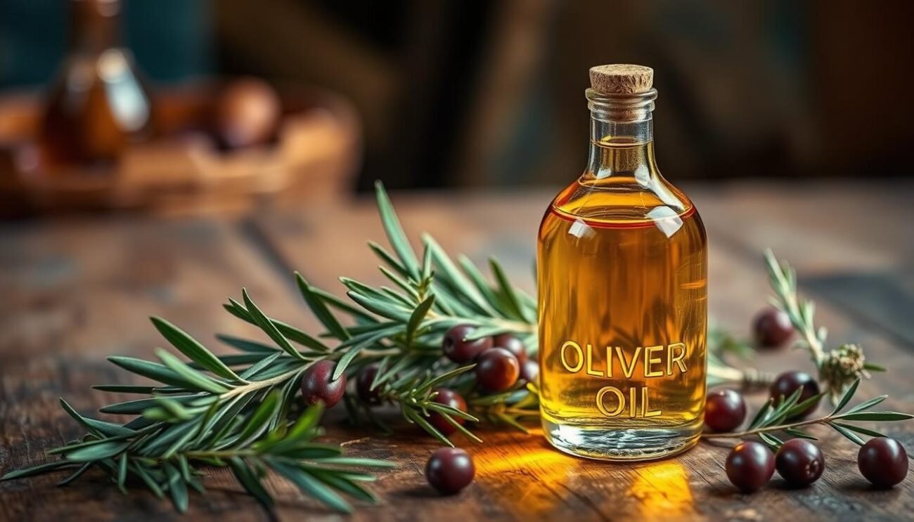 A vibrant still life showcasing a glass bottle of extra virgin olive oil, its amber hue glistening under warm, directional lighting. The bottle is placed atop a rustic wooden table, surrounded by aromatic herbs, fresh olives, and a sprig of rosemary, creating a visually enticing and authentic representation of Umbrian olive oil culture. The overall composition evokes a sense of artisanal craftsmanship and the region's rich culinary heritage, perfectly aligning with the section title "Events and Fairs Dedicated to Oil in Umbria."