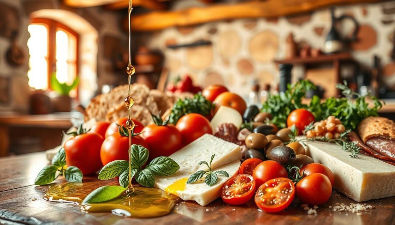 A vibrant still life showcasing an array of artfully arranged ingredients against a rustic Italian backdrop. In the foreground, a drizzle of glistening extra virgin olive oil cascades over an array of locally sourced seasonal produce - ripe tomatoes, fresh basil, crusty bread, and a wedge of parmesan. The middle ground features a selection of classic Italian antipasti, including cured meats, olives, and a sprinkle of aromatic herbs. The background evokes the warmth and charm of a traditional Sardinian kitchen, with earthy terracotta tiles, exposed wood beams, and a softly filtered natural light that bathes the scene in a golden glow. The overall composition exudes the essence of Mediterranean culinary artistry, inviting the viewer to imagine the delicious synergy of flavors.