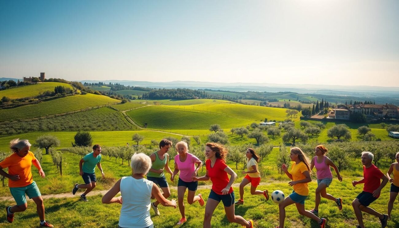 A vibrant, sun-dappled scene of a lush, rolling Italian countryside. In the foreground, a group of people of all ages engage in a spirited game of calcio, their movements graceful and energetic. The players wear brightly colored jerseys and shorts, their faces alight with joy and determination. In the middle ground, a verdant field dotted with olive trees and vineyards stretches out, hinting at the abundance of the local land. The background features a distant horizon, with the silhouettes of old stone buildings and the warm, golden glow of the Mediterranean sun. The overall atmosphere conveys the importance of physical activity and the connection between nutrition, bone health, and the Italian lifestyle.