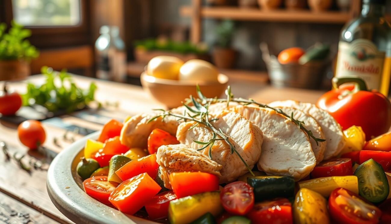 A vibrant tableau of a Mediterranean-style chicken dish, bathed in the warm glow of natural light. In the foreground, tender slices of white meat chicken sit nestled atop a bed of fresh, colorful vegetables - tomatoes, zucchini, and bell peppers. The mid-ground features a delicate scattering of herbs and a drizzle of olive oil, while the background showcases the rustic textures of a wooden table and a glimpse of a sun-dappled Italian kitchen. The overall scene conveys a sense of health, freshness, and the nurturing traditions of the Mediterranean diet. A vibrant tableau of a Mediterranean-style chicken dish, bathed in the warm glow of natural light. In the foreground, tender slices of white meat chicken sit nestled atop a bed of fresh, colorful vegetables - tomatoes, zucchini, and bell peppers. The mid-ground features a delicate scattering of herbs and a drizzle of olive oil, while the background showcases the rustic textures of a wooden table and a glimpse of a sun-dappled Italian kitchen. The overall scene conveys a sense of health, freshness, and the nurturing traditions of the Mediterranean diet.