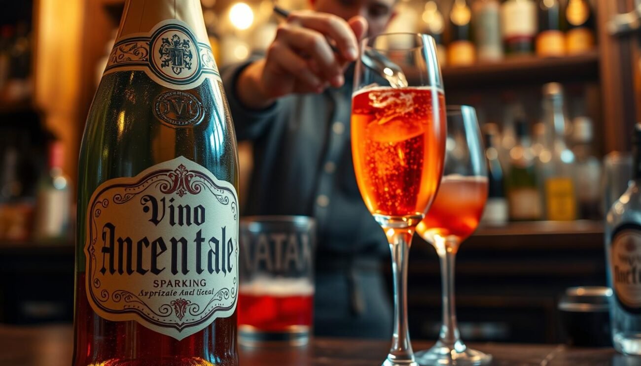 A vintage bottle of sparkling "vino ancestrale" sits prominently in the foreground, its label adorned with intricate, old-world lettering. In the middle ground, a classic Spritz cocktail is being prepared, the vibrant red-orange hue of the bitter aperitif mixing beautifully with the effervescent wine. The background depicts a cozy, intimate Italian bar setting, with warm, soft lighting casting a nostalgic glow over the scene. The mood is one of tradition, craftsmanship, and the simple pleasure of an authentic, time-honored aperitivo ritual.