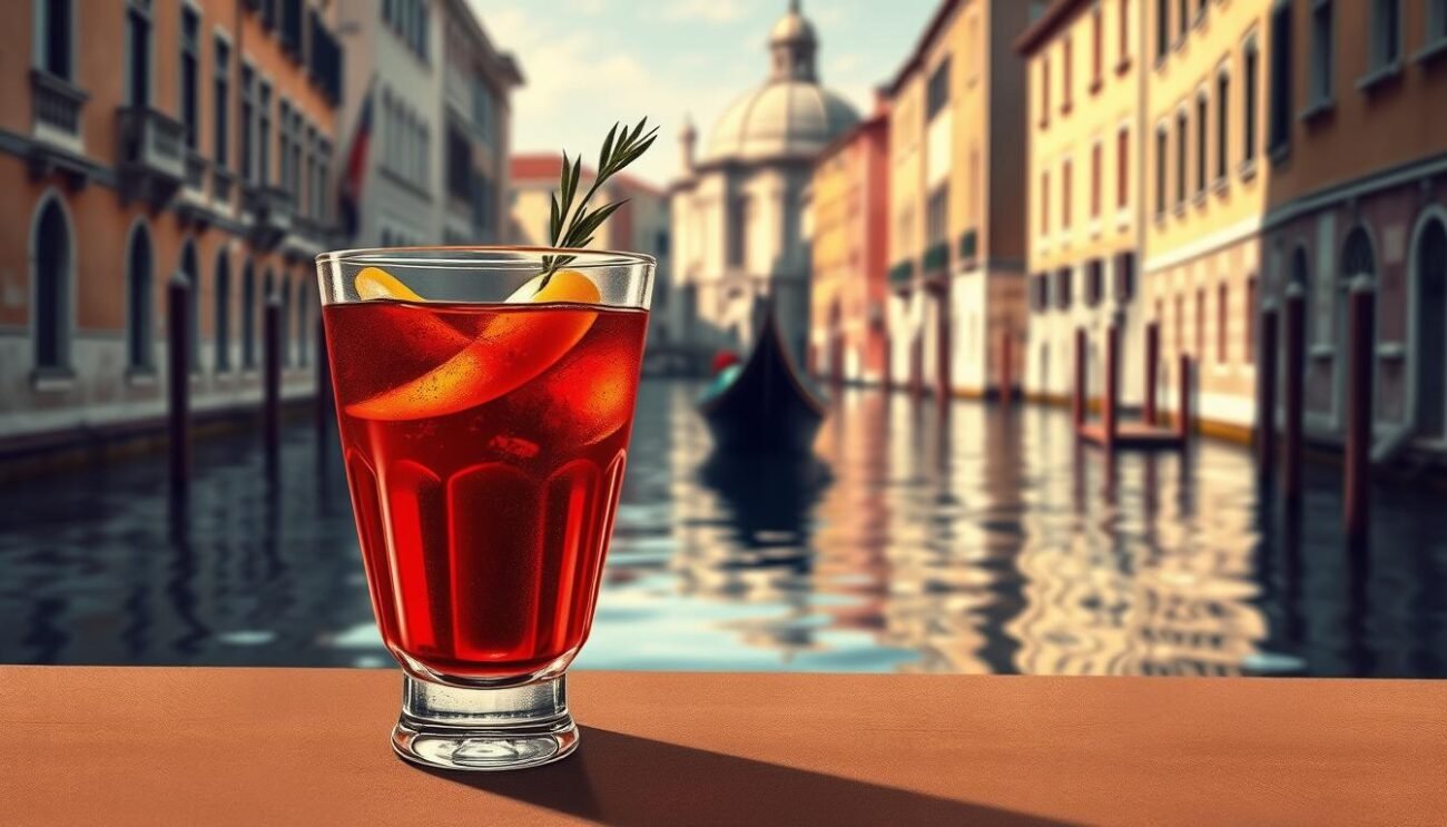 A vintage-inspired illustration of a Vermouth Gondoliere, an aperitif drink popular in Venice, Italy. The foreground features a handcrafted glass filled with the reddish-amber liquid, garnished with a lemon twist and a sprig of fresh herbs. The middle ground showcases a traditional Venetian gondola floating on the serene, mirror-like waters of a canal, with the iconic architecture of the city in the background. The lighting is soft and warm, conveying a nostalgic, old-world atmosphere. The composition evokes the rich history and artisanal tradition of Italian vermouth and aperitif culture.