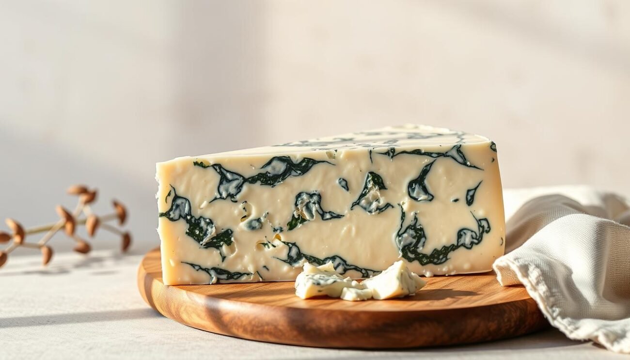 A visually stunning still-life composition capturing the essence of Gorgonzola cheese, showcasing its natural blue-green marbling and rich, creamy texture. Positioned against a soft, neutral background, the Gorgonzola wedge is illuminated by warm, natural lighting, casting a gentle glow and subtle shadows that accentuate its organic form. The image conveys a sense of artisanal craftsmanship and high-quality ingredients, reflecting the noble nature of this traditional Italian cheese. Complemented by carefully selected props, such as a wooden cutting board or a linen napkin, the overall scene evokes a rustic, yet refined, atmosphere that invites the viewer to appreciate the health benefits and culinary delights of Gorgonzola.