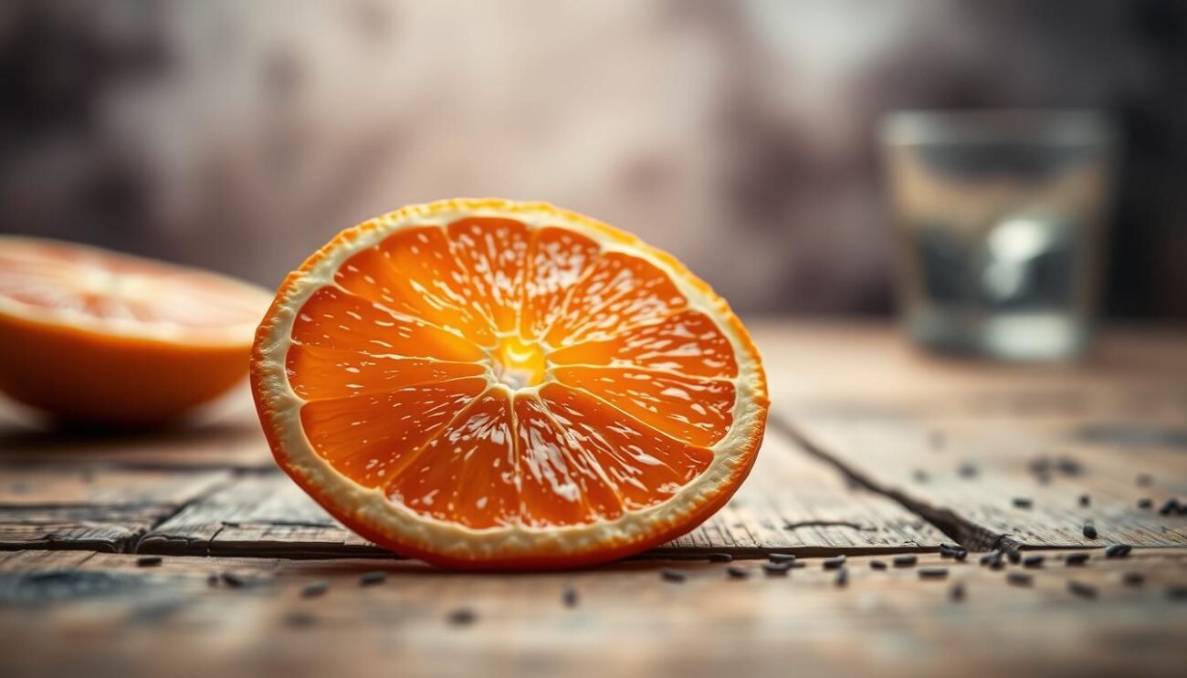 A vivid still life scene of a freshly sliced orange segment, or "fetta d'arancia," resting on a rustic wooden surface. The juicy slice glistens under soft, warm lighting, its vibrant orange hue and delicate curling peel inviting the viewer to imagine its sweet, fragrant flavor. In the background, a hazy, atmospheric venetian-inspired setting suggests the historic aperitivo culture of the Veneto region. The composition is balanced, with the orange segment as the focal point, surrounded by subtle details that evoke the traditional preparation of the Spritz Venexian Antico. A vivid still life scene of a freshly sliced orange segment, or "fetta d'arancia," resting on a rustic wooden surface. The juicy slice glistens under soft, warm lighting, its vibrant orange hue and delicate curling peel inviting the viewer to imagine its sweet, fragrant flavor. In the background, a hazy, atmospheric venetian-inspired setting suggests the historic aperitivo culture of the Veneto region. The composition is balanced, with the orange segment as the focal point, surrounded by subtle details that evoke the traditional preparation of the Spritz Venexian Antico.
