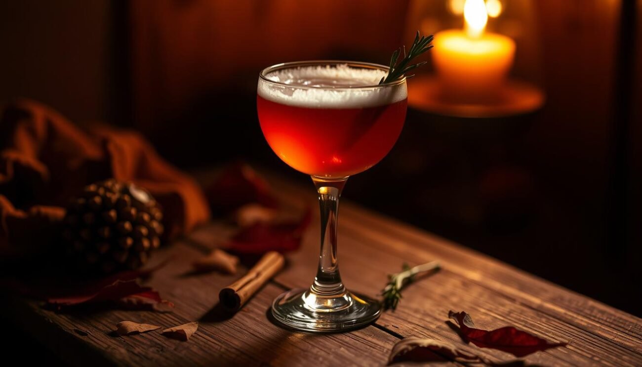 A warm, autumnal scene of an Amaro Nebbia cocktail, set against a dimly lit, cozy backdrop. Showcasing the deep, amber hue of the amaro, the drink rests atop a weathered wooden surface, surrounded by subtle seasonal accents such as fallen leaves, a cinnamon stick, and perhaps a small sprig of rosemary. The lighting should be soft and moody, conveying a sense of comfort and intimacy. Capture the drink's elegant presentation, with a delicate foam or citrus twist garnish adding a touch of refinement. Evoke the rich, herbal flavors of the Amaro Padano and the warming notes of the vin brulé reduction through the overall aesthetic.