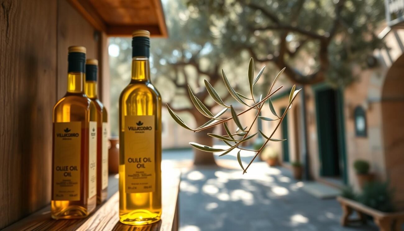 A warm, golden-hued extra virgin olive oil from the sun-drenched region of Villacidro, Sardinia. Bottles of this prized local nectar stand proudly on rustic wooden shelves, reflecting the soft light filtering through ancient olive trees. In the foreground, a single olive branch emerges, its silvery-green leaves gently swaying. The background reveals the quaint streets of Villacidro, where time-honored olive pressing traditions endure, infusing the air with the earthy, fragrant essence of this true Sardinian treasure.