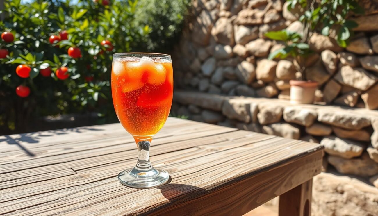 A warm, sunny day in the heart of Puglia, Italy. A glass of Puglia Assolata, a refreshing drink made with rosolio and tomato water, sits on a weathered wooden table. The sunlight casts a gentle glow, illuminating the vibrant colors of the drink - the deep red of the tomato water, the golden hue of the rosolio, and the effervescent bubbles that dance within. Surrounding the table, lush Mediterranean foliage and a rustic stone wall create a serene, yet inviting atmosphere. The image captures the essence of this regional specialty, showcasing the versatility of the Puglia Assolata - a perfect accompaniment for any occasion, from a casual gathering to a celebratory moment.