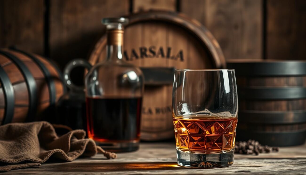 A warm-toned, rustic still life depicting a glass of oak-aged Italian single malt whisky, accented by a decanter of Marsala wine and a few Italian oak barriques in the background. The whisky glass is set against a backdrop of worn leather, weathered wood, and muted tones, evoking a sense of tradition and craftsmanship. Soft, directional lighting casts dramatic shadows, highlighting the rich amber color of the whisky and the depth of the Marsala. The overall composition conveys a sense of old-world elegance and the proud heritage of Italian spirits.