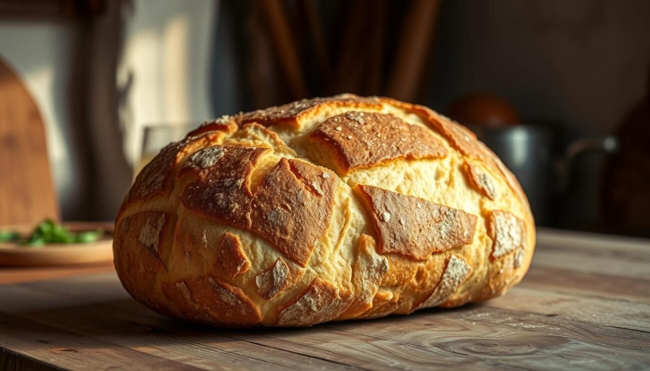 A weathered, hand-crafted loaf of traditional Trentino "Smacafam" bread, its crisp golden crust glowing in the soft, diffused light of a rustic Italian kitchen. The savory aroma wafts through the air, mingling with the scent of freshly harvested herbs and sun-kissed produce. The loaf's irregular shape and artisanal texture evoke the skilled hands of generations of local bakers, preserving a forgotten culinary legacy. Framed by a simple wooden table and a backdrop of worn, whitewashed walls, this image captures the essence of the Smacafam's origins in the humble, hardworking traditions of Trentino's rural countryside. A weathered, hand-crafted loaf of traditional Trentino "Smacafam" bread, its crisp golden crust glowing in the soft, diffused light of a rustic Italian kitchen. The savory aroma wafts through the air, mingling with the scent of freshly harvested herbs and sun-kissed produce. The loaf's irregular shape and artisanal texture evoke the skilled hands of generations of local bakers, preserving a forgotten culinary legacy. Framed by a simple wooden table and a backdrop of worn, whitewashed walls, this image captures the essence of the Smacafam's origins in the humble, hardworking traditions of Trentino's rural countryside.
