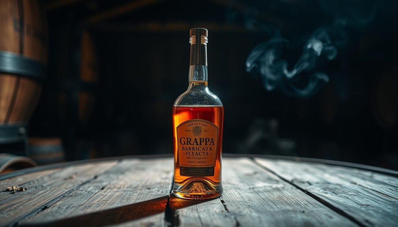 A well-aged grappa barricata, its amber hue gleaming under a soft spotlight. The bottle rests on a weathered wooden surface, surrounded by subtle hints of oak and a wisp of aromatic steam. In the background, a dimly lit barrel cellar evokes a sense of tradition and craft. The lighting casts warm shadows, creating an intimate, contemplative atmosphere. Captured with a shallow depth of field, the focus draws the viewer's gaze to the bottle's elegant silhouette, inviting exploration of its complex, time-honored flavors.