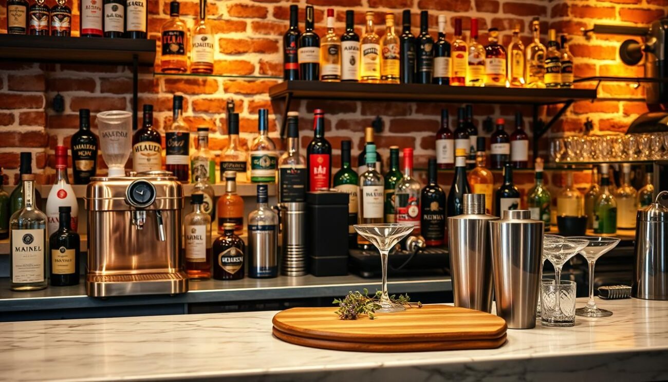 A well-equipped bar counter, with a variety of premium liquors, mixers, and garnishes arranged neatly. A copper-toned espresso machine sits on the counter, alongside a collection of elegant glassware. The bar top is adorned with a wooden cutting board, a sleek stainless steel shaker, and a few fragrant sprigs of herbs, hinting at the creation of artisanal cocktails. The lighting is warm and inviting, casting a soft glow over the scene, creating an atmosphere of rustic sophistication. In the background, a backdrop of exposed brick walls and warm-toned lighting adds to the cozy, alpine-inspired ambiance, perfectly capturing the essence of the "Val d'Aosta Alpina" cocktail. A well-equipped bar counter, with a variety of premium liquors, mixers, and garnishes arranged neatly. A copper-toned espresso machine sits on the counter, alongside a collection of elegant glassware. The bar top is adorned with a wooden cutting board, a sleek stainless steel shaker, and a few fragrant sprigs of herbs, hinting at the creation of artisanal cocktails. The lighting is warm and inviting, casting a soft glow over the scene, creating an atmosphere of rustic sophistication. In the background, a backdrop of exposed brick walls and warm-toned lighting adds to the cozy, alpine-inspired ambiance, perfectly capturing the essence of the "Val d'Aosta Alpina" cocktail.