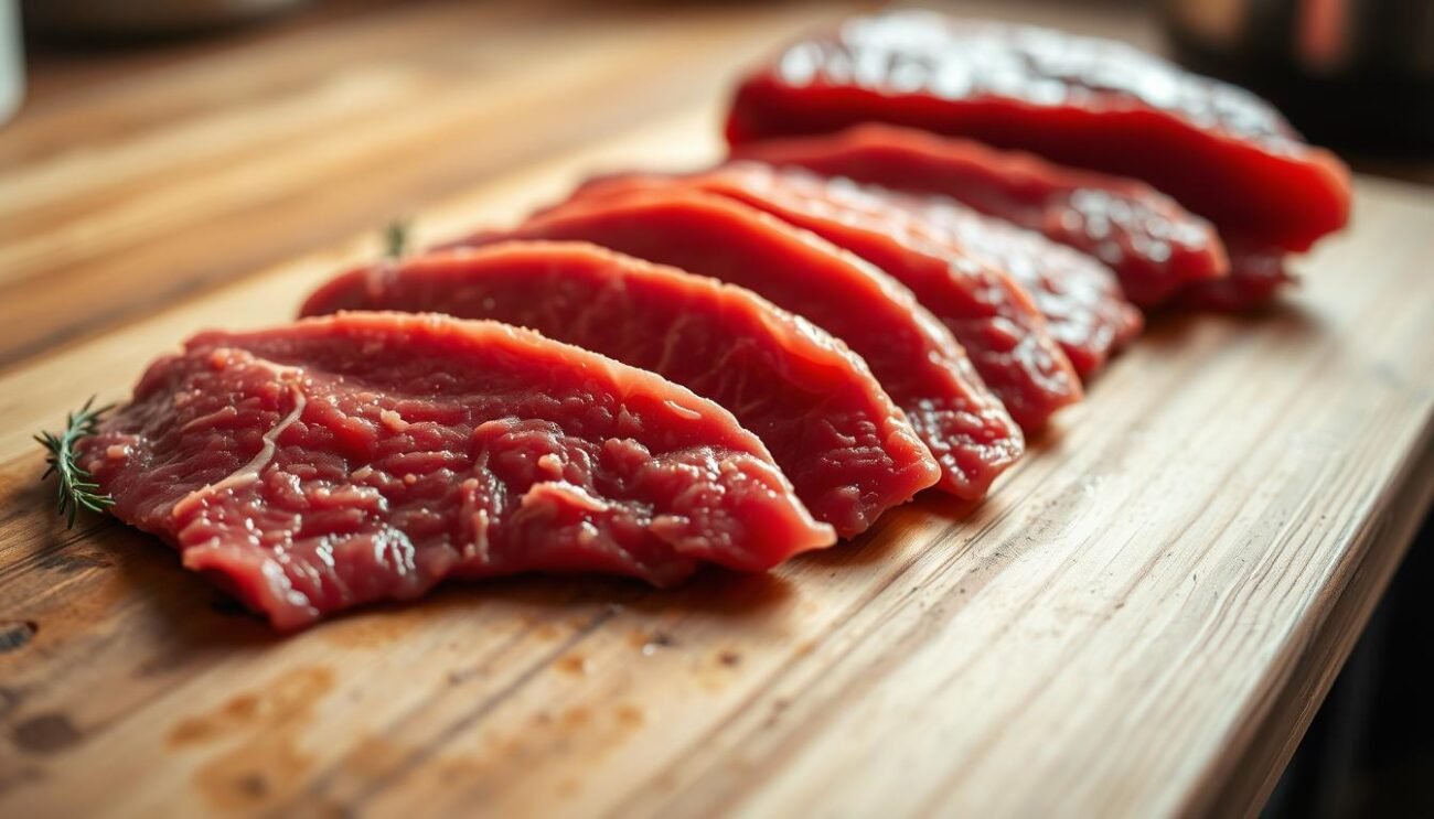 A well-lit close-up photograph of lean, juicy cuts of beef on a wooden chopping board. The meat glistens with a vibrant red color, devoid of visible fat marbling. The lighting casts a warm, natural glow, highlighting the texture and freshness of the high-quality, low-fat meat. The background is blurred, placing the focus solely on the succulent beef cuts. A sense of health and culinary elegance permeates the scene, aligning with the concept of "carne a basso contenuto di grassi".