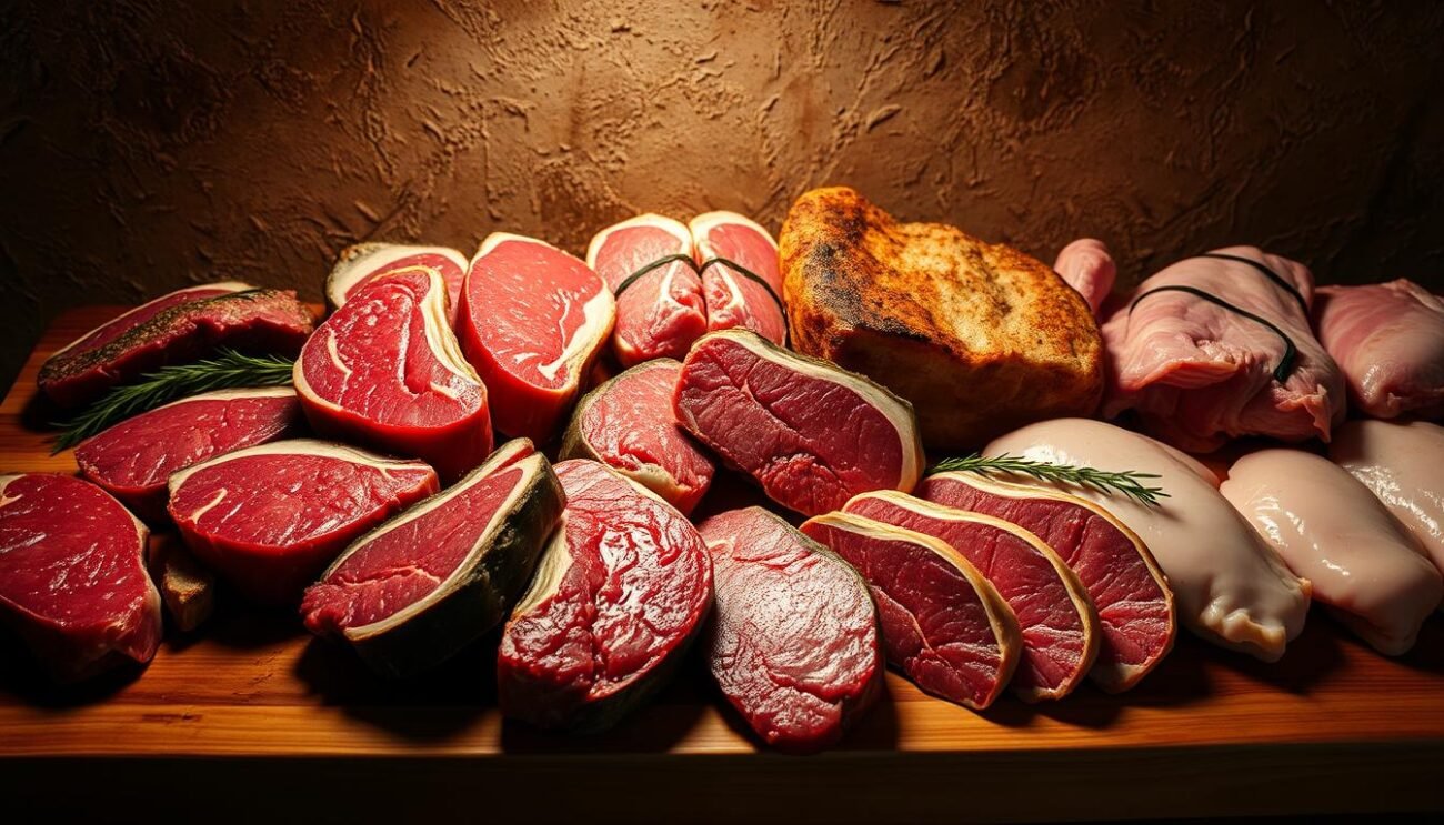 A well-lit display of fresh cuts of meat - succulent steaks, juicy pork chops, and tender chicken breasts. The cuts are arranged on a wooden butcher's block, with a rustic, textured backdrop suggestive of a traditional Italian market. Soft, directional lighting casts warm shadows, highlighting the vibrant colors and marbling of the meat. The composition emphasizes the quality and care taken in the selection of these premium cuts, reflecting the dilemma of choosing between fresh or frozen options. An atmosphere of authenticity and craftsmanship pervades the scene, inviting the viewer to consider the importance of this daily decision.