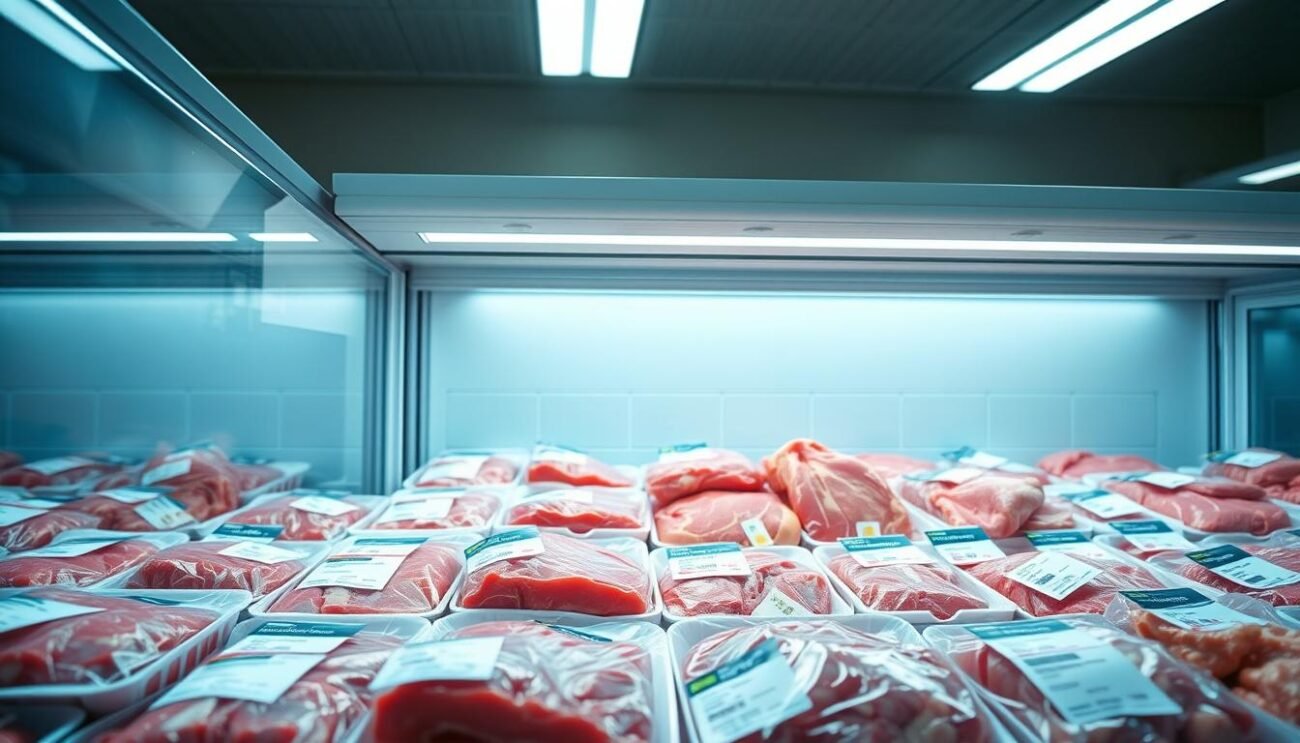 A well-lit freezer display showcasing neatly arranged packages of frozen meat. The camera captures the scene from a slightly elevated angle, emphasizing the clinical, organized nature of the frozen food. Bright overhead lighting casts a clean, sterile glow, highlighting the pristine cuts of beef, pork, and poultry. The packages feature clear labeling and branding, conveying a sense of quality and convenience. The background is blurred, keeping the focus on the carefully curated selection of "carne surgelata". The overall impression is one of efficiency, preservation, and the practical advantages of frozen meat.