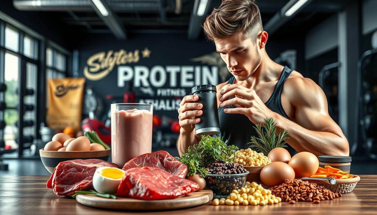 A well-lit, high-resolution image showcasing the protein needs of athletes. Set in a modern gym or fitness center, the foreground features a sporty individual examining their protein shake, while in the middle ground, various protein-rich foods such as lean meats, eggs, and legumes are displayed. The background subtly incorporates sports equipment and motivational imagery, conveying a sense of health, vitality, and performance. Crisp, clean lighting highlights the subject and emphasizes the importance of proper protein intake for active individuals. Inspired by imagery found on Italian fitness and nutrition websites.