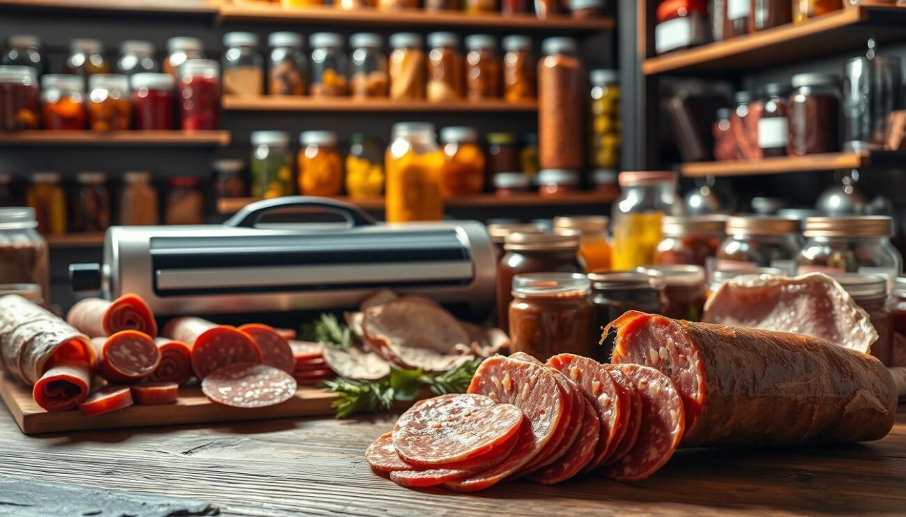 A well-lit, high-resolution photograph of various meat preservation techniques. In the foreground, a selection of cured meats, such as salami, prosciutto, and pancetta, arranged on a rustic wooden table. In the middle ground, a commercial-grade vacuum sealer and jars of preserved foods, like canned or pickled meats. In the background, shelves full of glass jars and canning equipment, evoking a traditional Italian pantry. The lighting is warm and natural, emphasizing the rich colors and textures of the preserved meats. The overall composition conveys the care and craftsmanship involved in the fundamental principles of meat preservation.