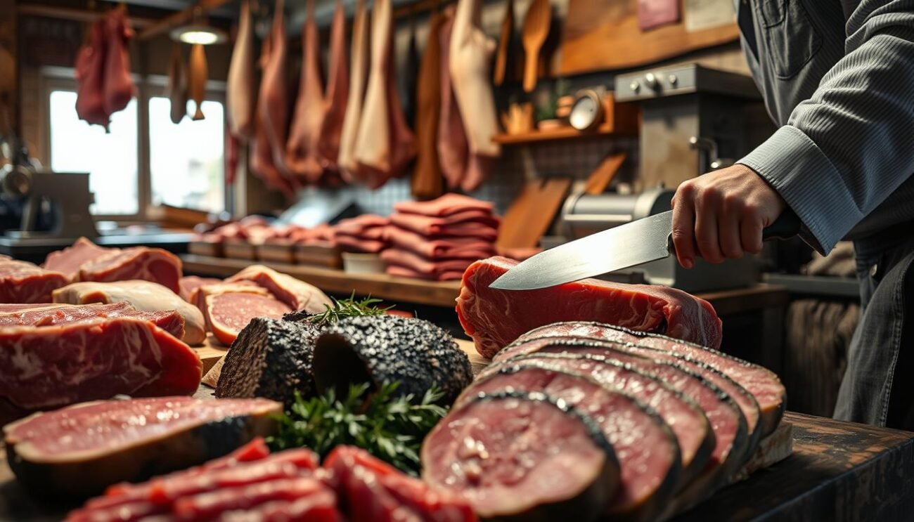 A well-lit, high-resolution photograph showcasing the traditional art of butchery. In the foreground, a skilled butcher expertly slices through a slab of premium-quality meat, the sharp blade effortlessly carving precise, uniform cuts. The mid-ground features an array of freshly prepared cuts, each showcasing the unique texture and marbling of the meat. In the background, a traditional butcher's shop, complete with hanging carcasses, wooden cutting blocks, and a vintage meat grinder, capturing the timeless essence of this centuries-old craft. The scene is bathed in warm, natural lighting, evoking a sense of craftsmanship and the reverence for the art of the butcher. A well-lit, high-resolution photograph showcasing the traditional art of butchery. In the foreground, a skilled butcher expertly slices through a slab of premium-quality meat, the sharp blade effortlessly carving precise, uniform cuts. The mid-ground features an array of freshly prepared cuts, each showcasing the unique texture and marbling of the meat. In the background, a traditional butcher's shop, complete with hanging carcasses, wooden cutting blocks, and a vintage meat grinder, capturing the timeless essence of this centuries-old craft. The scene is bathed in warm, natural lighting, evoking a sense of craftsmanship and the reverence for the art of the butcher.