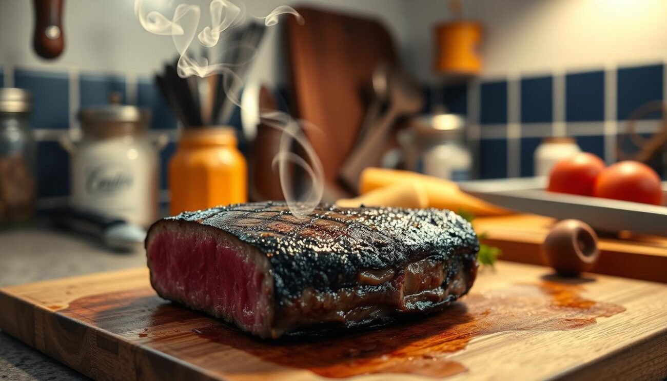 A well-lit kitchen counter with a cutting board, various cooking utensils, and a succulent, medium-rare grilled steak taking center stage. The steak is seared to perfection, with a charred exterior and a juicy, pink interior. Wisps of aromatic smoke curl up from the meat, creating a tantalizing atmosphere. In the background, a subtle, warm-toned lighting illuminates the scene, casting a cozy, inviting glow. The overall composition emphasizes the importance of proper cooking techniques in highlighting the natural flavors and minimizing potential health risks associated with red meat consumption. A well-lit kitchen counter with a cutting board, various cooking utensils, and a succulent, medium-rare grilled steak taking center stage. The steak is seared to perfection, with a charred exterior and a juicy, pink interior. Wisps of aromatic smoke curl up from the meat, creating a tantalizing atmosphere. In the background, a subtle, warm-toned lighting illuminates the scene, casting a cozy, inviting glow. The overall composition emphasizes the importance of proper cooking techniques in highlighting the natural flavors and minimizing potential health risks associated with red meat consumption.