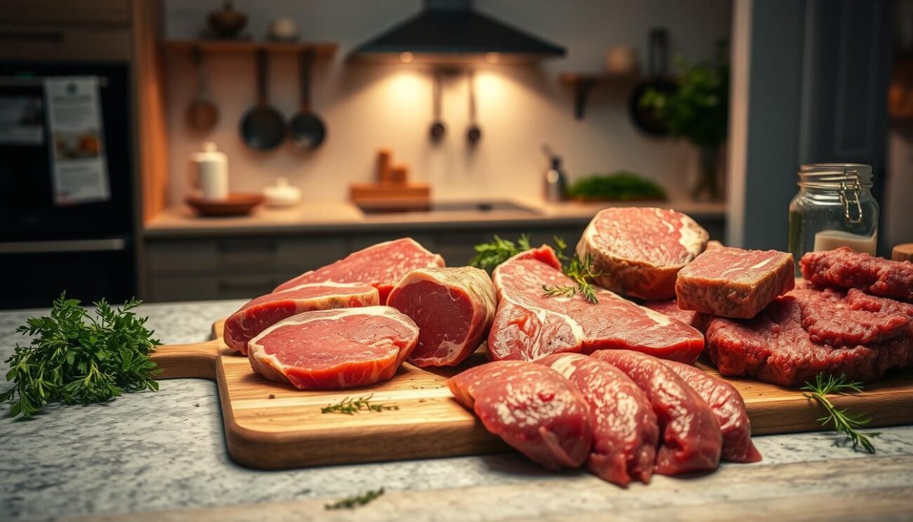 A well-lit kitchen countertop, neatly arranged with various fresh meat cuts - juicy steaks, tender chops, and succulent ground beef. The cuts are displayed on a rustic wooden board, alongside a selection of herbs, spices, and a small glass jar, hinting at the preservation process. The lighting is warm and inviting, casting a soft glow on the scene, conveying a sense of culinary expertise and care. In the background, a glimpse of a modern yet cozy kitchen, with clean lines and understated decor, suggests an Italian setting. The overall atmosphere is one of thoughtful preparation and the promise of a delicious, healthy meal.