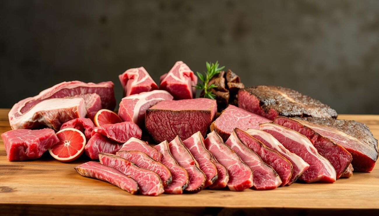 A well-lit still life of various cuts of beef arranged on a wooden surface. The middle ground features a selection of secondary cuts like chuck, brisket, and short ribs, showcasing their distinct marbling, texture, and color. In the foreground, thin slices of flank steak and hanger steak are fanned out, highlighting their long, fibrous grain. The background has a muted, rustic ambiance with hints of a neutral-toned kitchen environment. The overall composition conveys the diversity and nuanced qualities of these moderately priced, yet flavorful beef cuts. A well-lit still life of various cuts of beef arranged on a wooden surface. The middle ground features a selection of secondary cuts like chuck, brisket, and short ribs, showcasing their distinct marbling, texture, and color. In the foreground, thin slices of flank steak and hanger steak are fanned out, highlighting their long, fibrous grain. The background has a muted, rustic ambiance with hints of a neutral-toned kitchen environment. The overall composition conveys the diversity and nuanced qualities of these moderately priced, yet flavorful beef cuts.
