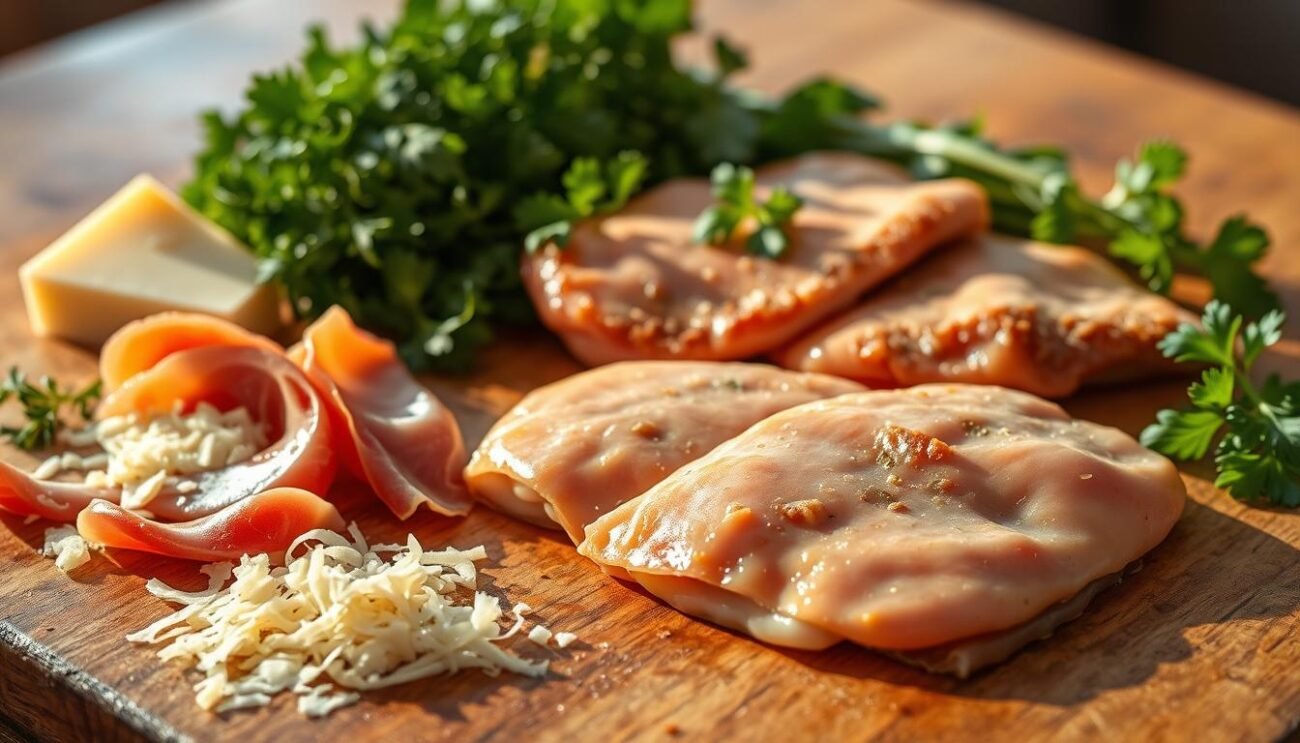 A wooden table, bathed in warm, natural light, showcases the key ingredients for the classic Cotoletta alla Bolognese. In the foreground, tender slices of prosciutto di Parma and shredded Parmigiano-Reggiano cheese glisten, while in the middle ground, a pair of succulent veal cutlets, lightly breaded and ready for the pan, take center stage. Behind them, a vibrant array of fresh herbs, such as parsley and basil, add a touch of verdant elegance. The overall composition conveys the rustic simplicity and rich flavors of this beloved Italian dish, inviting the viewer to imagine the satisfying crunch and creamy indulgence of the Cotoletta alla Bolognese.