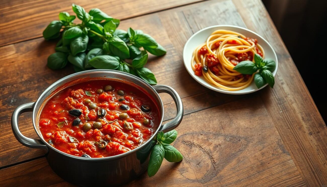 A wooden table with a rustic, textured surface. In the foreground, a large pot filled with a rich, tomato-based sauce, simmering gently. The sauce is a deep, vibrant red, flecked with capers, olives, and anchovies, creating a complex, savory flavor. Next to the pot, a bundle of fresh basil leaves, their green hues contrasting with the sauce. In the middle ground, a plate of freshly cooked pasta, twirled and ready to be dressed with the puttanesca sauce. The lighting is warm and natural, casting a soft glow over the scene, evoking the welcoming atmosphere of an authentic Italian kitchen. The overall mood is one of rustic elegance, capturing the essence of traditional Neapolitan cuisine. A wooden table with a rustic, textured surface. In the foreground, a large pot filled with a rich, tomato-based sauce, simmering gently. The sauce is a deep, vibrant red, flecked with capers, olives, and anchovies, creating a complex, savory flavor. Next to the pot, a bundle of fresh basil leaves, their green hues contrasting with the sauce. In the middle ground, a plate of freshly cooked pasta, twirled and ready to be dressed with the puttanesca sauce. The lighting is warm and natural, casting a soft glow over the scene, evoking the welcoming atmosphere of an authentic Italian kitchen. The overall mood is one of rustic elegance, capturing the essence of traditional Neapolitan cuisine.