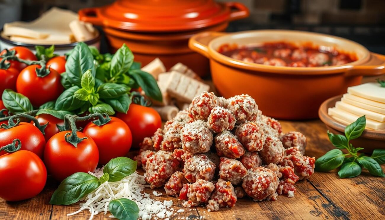 A wooden table with fresh ingredients for traditional Neapolitan meatballs and ragù sauce. In the foreground, juicy tomatoes, fragrant basil leaves, and grated Parmesan cheese. In the middle, a pile of ground beef and pork, combined with breadcrumbs, eggs, and aromatic garlic and onions. In the background, a terracotta pot simmering with the rich, slow-cooked ragù, its savory aroma filling the air. The lighting is warm and natural, casting a cozy, homemade atmosphere. The overall scene evokes the authentic, time-honored tradition of this beloved Italian dish.