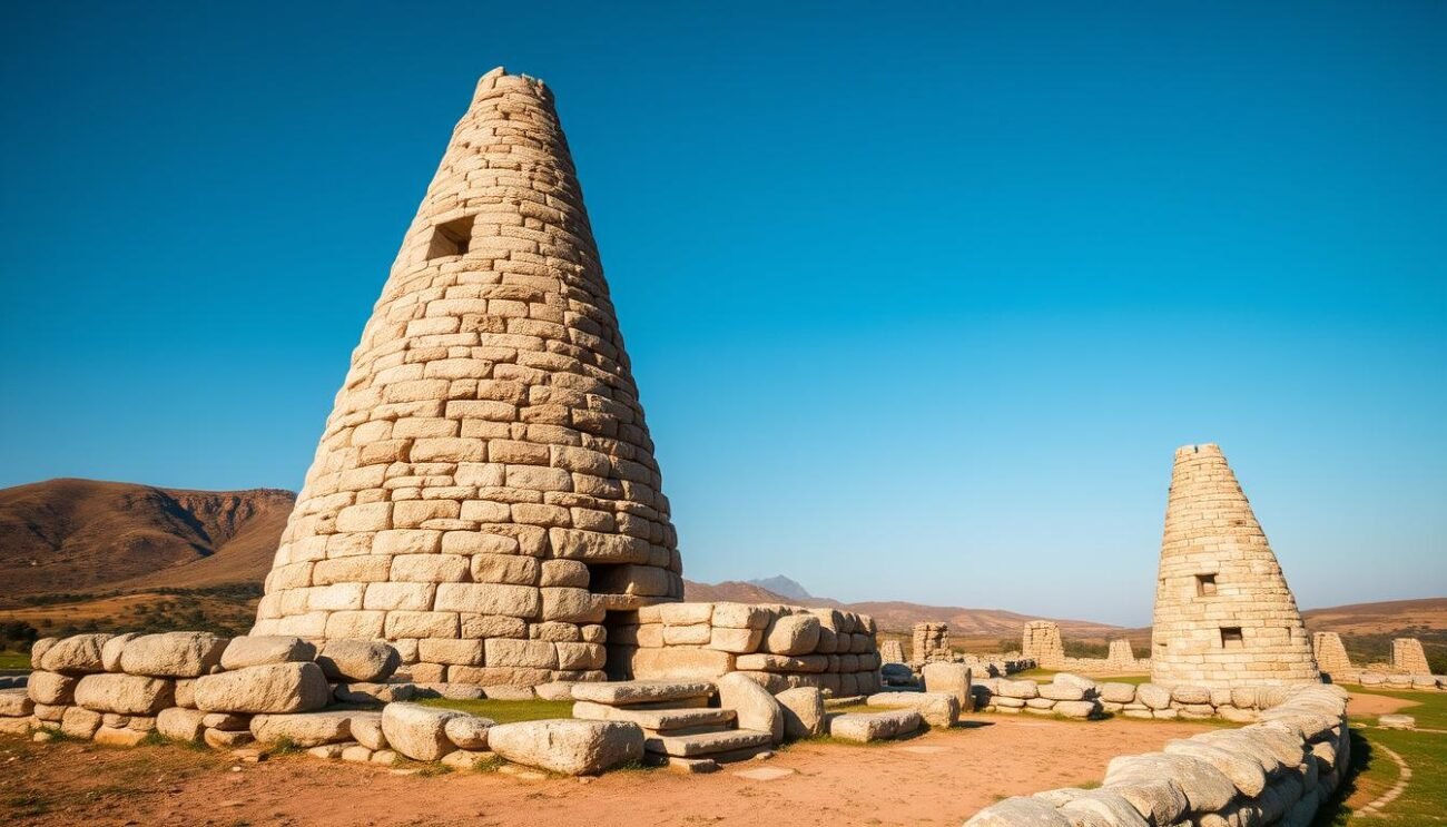 An ancient stone monument stands tall, weathered by the passage of time. Nuraghi Sardi, a testament to the ingenuity and resilience of the Nuragic civilization that thrived in Sardinia for over a millennium. Towering conical structures, built from local granite, rise up against a backdrop of rolling hills and a clear, azure sky. The light filters through the structure's intricate apertures, casting warm, golden hues that illuminate the intricate masonry. Surrounding the central tower, a series of concentric stone walls and chambers hint at the complex social and defensive architecture of these iconic structures. Capture the timeless grandeur of these prehistoric wonders, embodying the enduring spirit of Sardinia's rich cultural heritage. An ancient stone monument stands tall, weathered by the passage of time. Nuraghi Sardi, a testament to the ingenuity and resilience of the Nuragic civilization that thrived in Sardinia for over a millennium. Towering conical structures, built from local granite, rise up against a backdrop of rolling hills and a clear, azure sky. The light filters through the structure's intricate apertures, casting warm, golden hues that illuminate the intricate masonry. Surrounding the central tower, a series of concentric stone walls and chambers hint at the complex social and defensive architecture of these iconic structures. Capture the timeless grandeur of these prehistoric wonders, embodying the enduring spirit of Sardinia's rich cultural heritage.