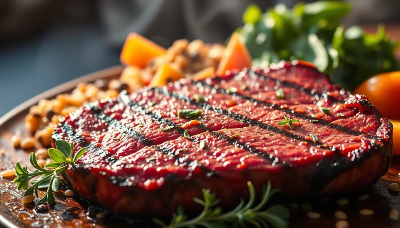 An appetizing plate of succulent red meat, grilled to perfection, glistening with juices and garnished with fresh herbs. The robust, savory aroma wafts through the air, enticing the senses. Positioned prominently in the foreground, the steak commands attention, its tender, marbled texture hinting at the nutritional benefits within. A scattering of colorful vegetables and whole grains in the background provides a balanced, well-rounded composition, reflecting the holistic nature of a healthy, athlete-friendly diet. Warm, natural lighting casts a flattering glow, highlighting the deep, rich hues of the meat and the vibrant colors of the accompanying ingredients. The overall scene exudes an air of rustic, wholesome nourishment, perfectly encapsulating the theme of red meat's role in fueling an active lifestyle. An appetizing plate of succulent red meat, grilled to perfection, glistening with juices and garnished with fresh herbs. The robust, savory aroma wafts through the air, enticing the senses. Positioned prominently in the foreground, the steak commands attention, its tender, marbled texture hinting at the nutritional benefits within. A scattering of colorful vegetables and whole grains in the background provides a balanced, well-rounded composition, reflecting the holistic nature of a healthy, athlete-friendly diet. Warm, natural lighting casts a flattering glow, highlighting the deep, rich hues of the meat and the vibrant colors of the accompanying ingredients. The overall scene exudes an air of rustic, wholesome nourishment, perfectly encapsulating the theme of red meat's role in fueling an active lifestyle.