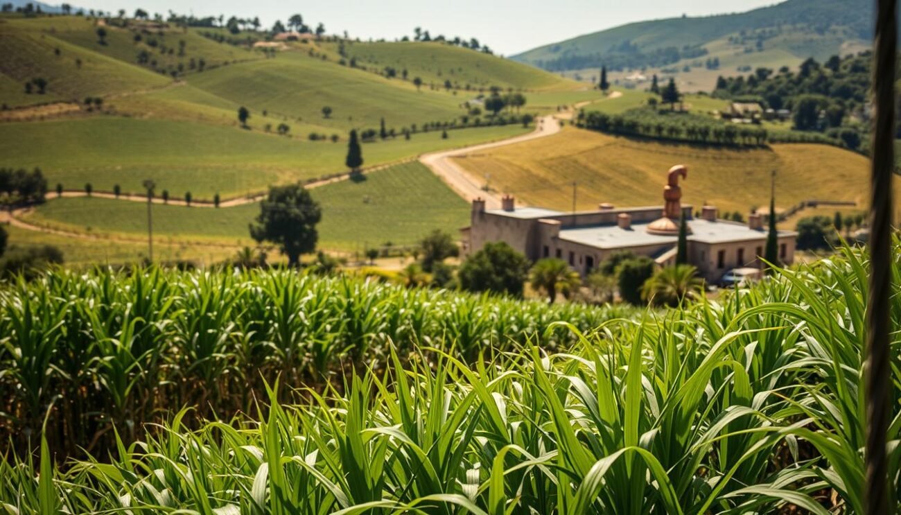 An artisanal sugar cane farm nestled among the rolling hills of Sicily, its lush green fields bathed in the warm Mediterranean sunlight. Weathered hands tend to the harvest, skillfully cutting the tall stalks and gathering the precious juice. Inside the distillery, copper stills glimmer as the fragrant rum slowly comes to life, its amber hues hinting at the depth of flavor to come. The scent of citrus and caramel fills the air, a tantalizing preview of the sipping experience ahead. This is the essence of Sicilian agricultural rum, a unique spirit that captures the essence of the island's terroir in every smooth, complex sip.