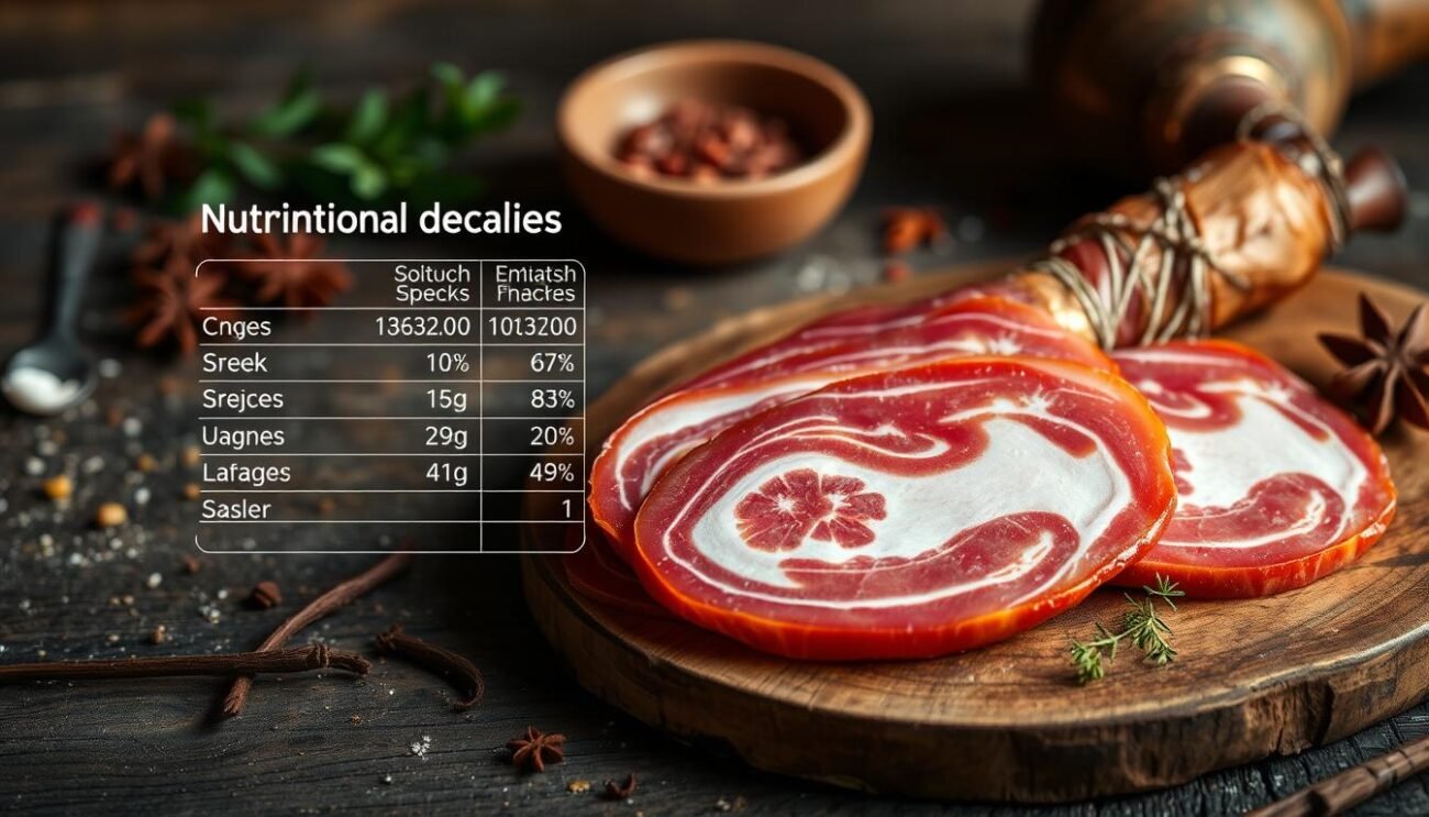 An elegant still life of nutritional information for Alto Adige smoked speck. The speck slices are artfully arranged on a rustic wooden surface, their marbled fat and lean meat glistening under the soft, diffused light. In the background, a scattering of spices and herbs add depth and context. The overall composition has a warm, inviting atmosphere, capturing the essence of this prized regional delicacy. The image is framed to highlight the key nutritional facts, conveying the health benefits of enjoying this traditional cured meat in moderation.
