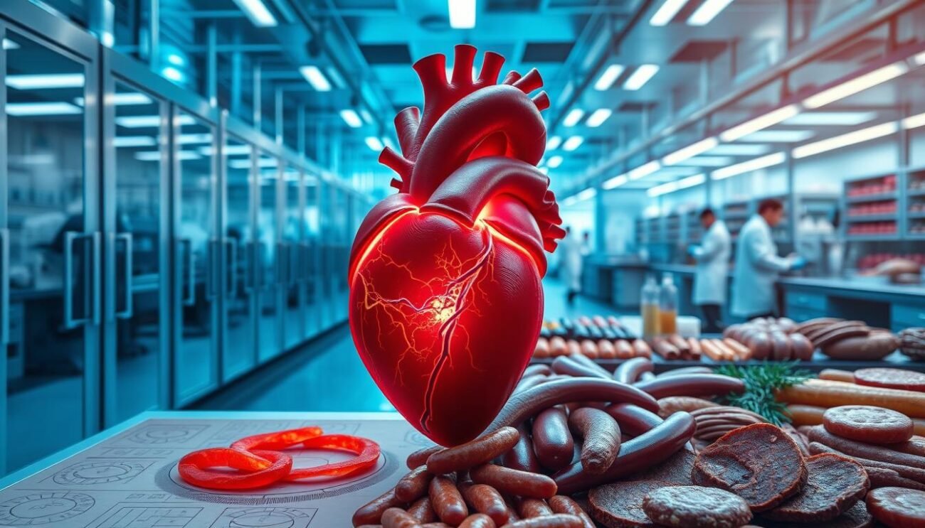 An expansive laboratory setting, bathed in cool blue lighting and dominated by rows of sleek metal equipment. In the foreground, a close-up view of a human heart, pulsing with an intense crimson glow, surrounded by intricate biological diagrams and scientific instruments. The middle ground features an array of processed meat products - sausages, salami, and other cured meats - their vibrant colors and textures juxtaposed against the clinical, high-tech environment. In the background, a panoramic view of the lab, with scientists in white coats moving with purpose between the various stations. An atmosphere of clinical precision and underlying tension, hinting at the potential health risks associated with the processed meat products. An expansive laboratory setting, bathed in cool blue lighting and dominated by rows of sleek metal equipment. In the foreground, a close-up view of a human heart, pulsing with an intense crimson glow, surrounded by intricate biological diagrams and scientific instruments. The middle ground features an array of processed meat products - sausages, salami, and other cured meats - their vibrant colors and textures juxtaposed against the clinical, high-tech environment. In the background, a panoramic view of the lab, with scientists in white coats moving with purpose between the various stations. An atmosphere of clinical precision and underlying tension, hinting at the potential health risks associated with the processed meat products.