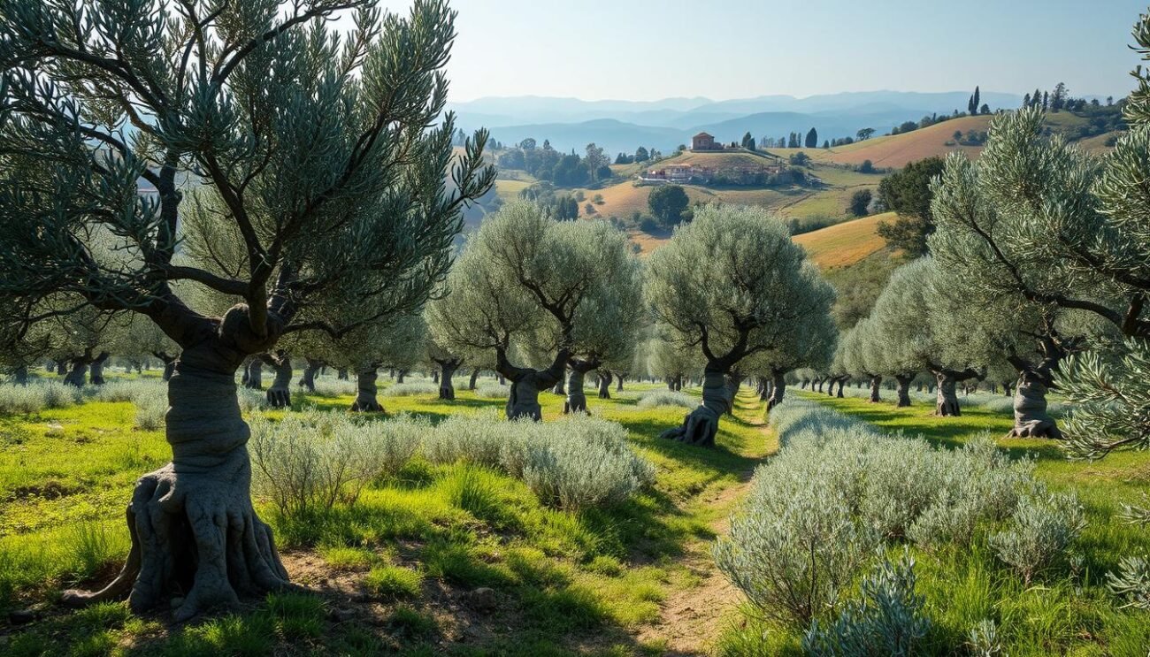 An expansive olive grove cascades down the rolling hills of the Assisi-Spoleto region, its silvery-green canopy shimmering under the warm Umbrian sun. Gnarled trunks, some centuries old, rise from the fertile earth, their twisted forms a testament to the resilience of this ancient land. The scene evokes a sense of timeless tranquility, a harmonious dance between nature and human cultivation. Capture the essence of this unique olive oil heritage with a wide-angle lens, framing the undulating landscape against a soft, hazy sky. Convey the rich, earthy tones and the gentle, pastoral mood that permeates this renowned Fascia Olivata, a UNESCO-protected site and a true treasure of Umbria.