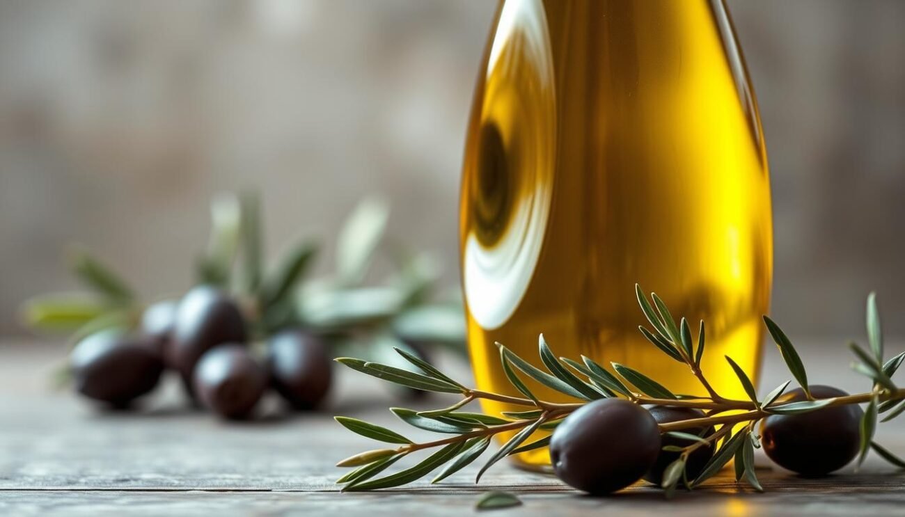 An intimate still life of a glass bottle filled with rich, golden-hued "olio extravergine laziale", the quintessential olive oil from the Lazio region of Italy. Soft, natural lighting illuminates the bottle's elegant, curvaceous form, highlighting the oil's vibrant color and viscosity. In the foreground, a few freshly harvested olives and sprigs of fragrant herbs create a simple, rustic composition that evokes the traditional artisanal production methods of this celebrated culinary treasure. The background is subtly blurred, allowing the viewer to focus on the oil's alluring visual qualities and the sensory delights it promises.