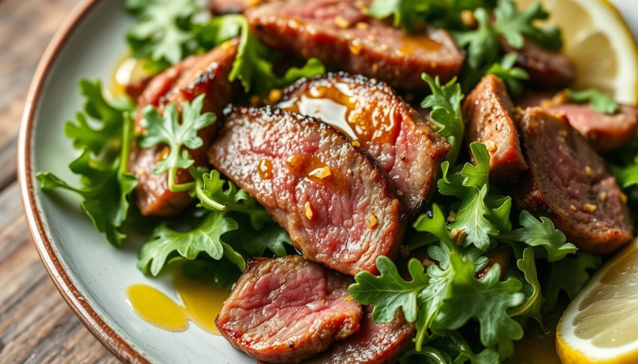 Appetizing insalata all'Albese with tender slices of fassona beef, drizzled with rich extra virgin olive oil. The fresh greens and succulent meat contrast beautifully, accented by a subtle lemon zest. Captured in natural light, the composition showcases the rustic Italian charm of this authentic regional dish. A simple yet elegant presentation, inviting the viewer to savor each flavorful bite.