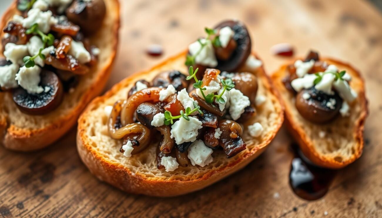 Crostini Senesi con ingredienti alternativi: A modern take on the classic Sienese crostini. A crisp, golden-brown bread slice serves as the canvas, topped with a savory blend of roasted mushrooms, caramelized onions, and crumbled gorgonzola cheese. Delicate microgreens add a fresh, vibrant touch, while a drizzle of aged balsamic vinegar ties the flavors together. Lit by warm, diffused light and captured from a slight overhead angle, this image showcases the rustic elegance and unexpected flavors of this contemporary spin on a Sienese culinary tradition.