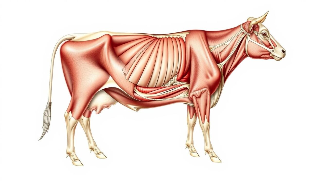 Detailed anatomical cross-section of a cow, showcasing the various muscles, organs, and skeletal structures. Rendered in a scientific, technical style with precise lines and shading to highlight the intricate details. The viewpoint is from the side, providing a comprehensive overview of the bovine anatomy. Lighting is soft and evenly distributed, creating a neutral, educational atmosphere. The image should convey a sense of informative precision, suitable for illustrating a section on traditional and modern meat-cutting techniques. Detailed anatomical cross-section of a cow, showcasing the various muscles, organs, and skeletal structures. Rendered in a scientific, technical style with precise lines and shading to highlight the intricate details. The viewpoint is from the side, providing a comprehensive overview of the bovine anatomy. Lighting is soft and evenly distributed, creating a neutral, educational atmosphere. The image should convey a sense of informative precision, suitable for illustrating a section on traditional and modern meat-cutting techniques.