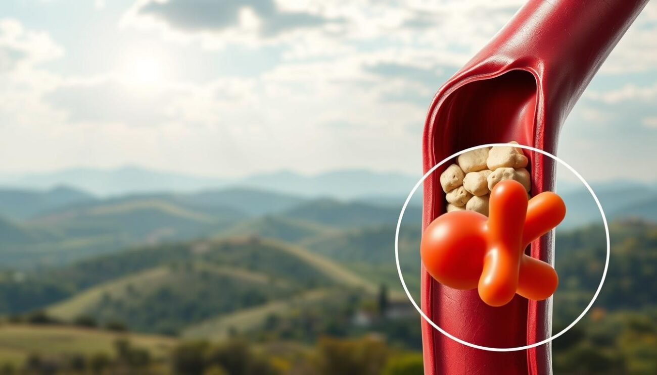 Detailed anatomical depiction of cholesterol, its structure and function. A cross-section of an artery shows the buildup of cholesterol plaque, disrupting blood flow. In the foreground, a magnified view showcases the molecular structure of LDL and HDL cholesterol, contrasting their roles. The background features a serene Italian landscape, with rolling hills and a sun-dappled sky, conveying a sense of tranquility and balance. Soft, diffuse lighting creates an educational yet visually captivating scene. Rendered in a photorealistic style, this image aims to clearly illustrate the concept of cholesterol for the article's "Il Colesterolo: Cosa È e Come Funziona" section. Detailed anatomical depiction of cholesterol, its structure and function. A cross-section of an artery shows the buildup of cholesterol plaque, disrupting blood flow. In the foreground, a magnified view showcases the molecular structure of LDL and HDL cholesterol, contrasting their roles. The background features a serene Italian landscape, with rolling hills and a sun-dappled sky, conveying a sense of tranquility and balance. Soft, diffuse lighting creates an educational yet visually captivating scene. Rendered in a photorealistic style, this image aims to clearly illustrate the concept of cholesterol for the article's "Il Colesterolo: Cosa È e Come Funziona" section.